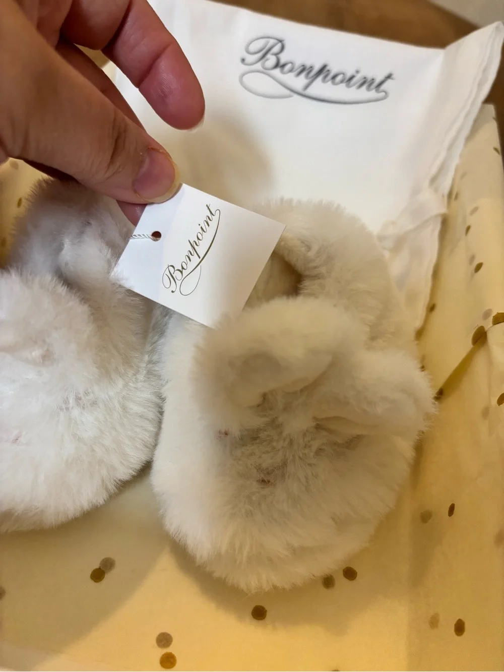 Bonpoint Cream Plush Baby Booties with Bunny Ears